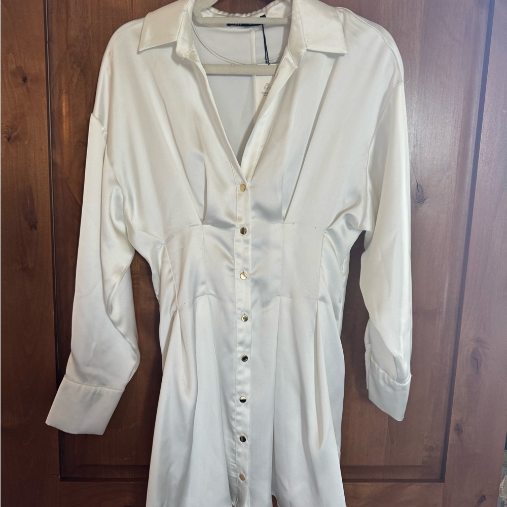 Zara Cream Button-Front Collared Shirt Dress
